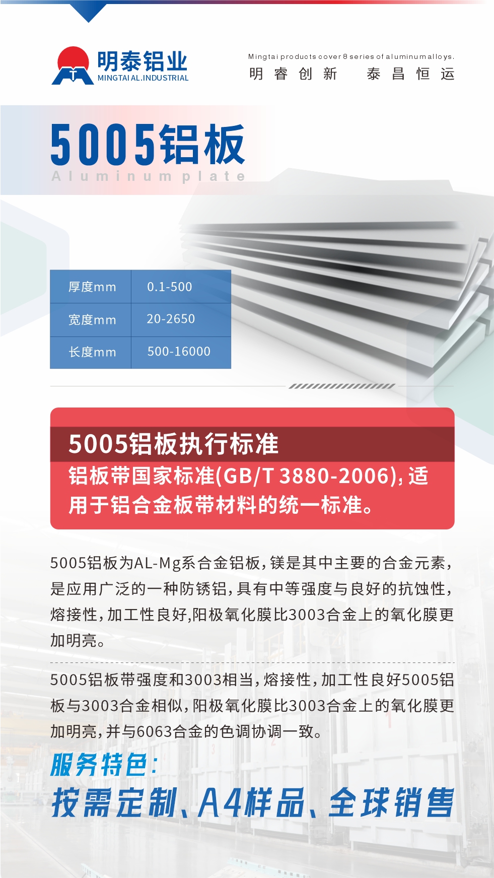 产品介绍

5005铝板为AL-Mg系合金铝板，镁是其中主要的合金元素，是应用广泛的一种防锈铝，具有中等强度与良好的抗蚀性，熔接性，加工性良好,阳极氧化膜比3003合金上的氧化膜更加明亮。

5005铝板带强度和3003相当，熔接性，加工性良好5005铝板与3003合金相似，阳极氧化膜比3003合金上的氧化膜更加明亮，并与6063合金的色调协调一致。服务特色：按需定制、A4样品、全球销售!

