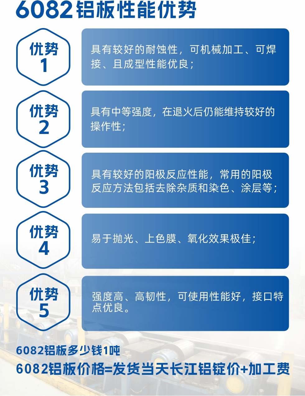 6101铝板性能：


6101铝板具有高强度、良好的耐蚀性和焊接性，以及优异的电导率和机械性能。这些性能使得它在多个领域都有广泛的应用。