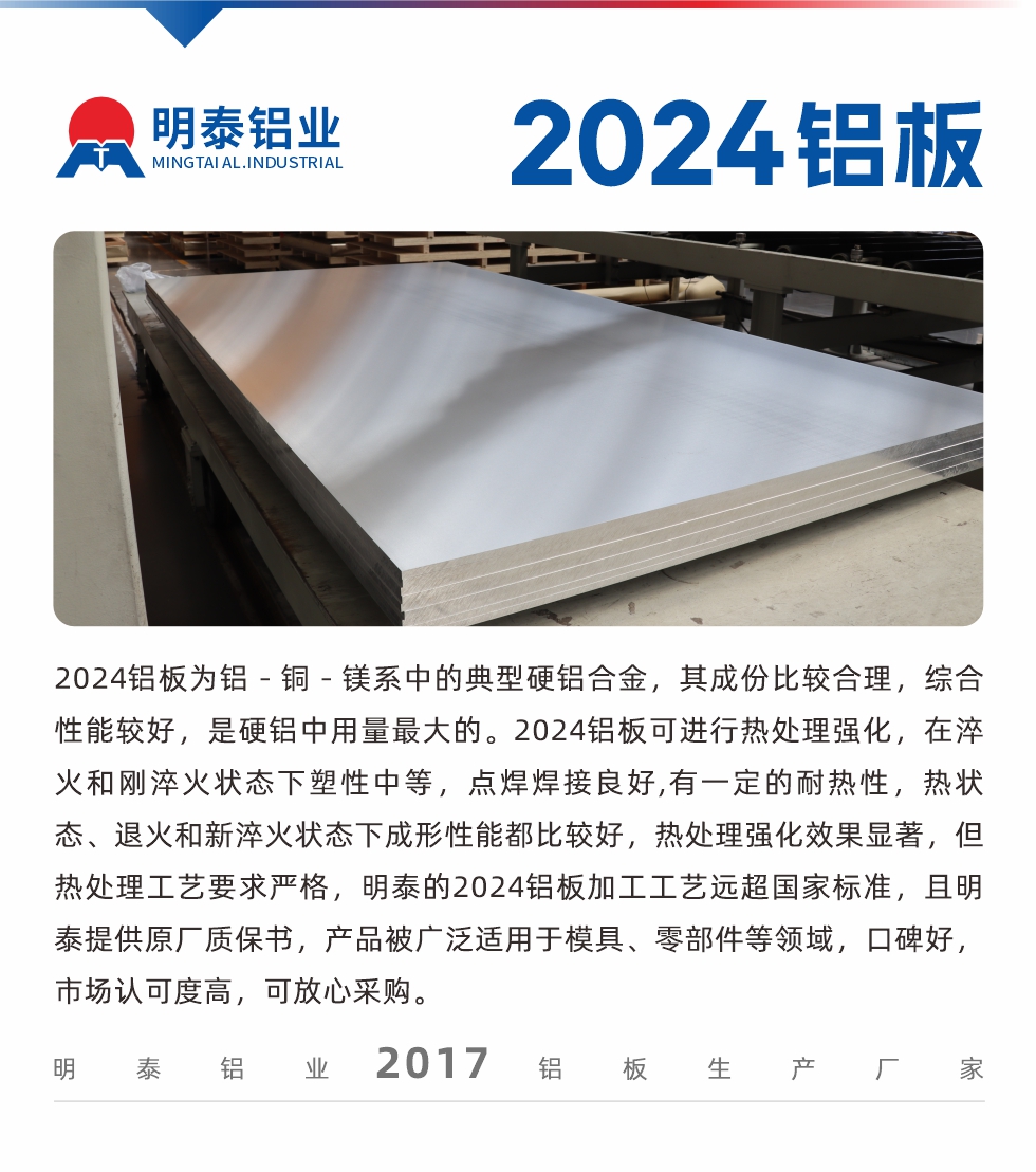 2024铝板为铝－铜－镁系中的典型硬铝合金，其成份比较合理，综合性能较好，是硬铝中用量最大的。2024铝板可进行热处理强化，在淬火和刚淬火状态下塑性中等，点焊焊接良好,有一定的耐热性，热状态、退火和新淬火状态下成形性能都比较好，热处理强化效果显著，但热处理工艺要求严格，明泰的2024铝板加工工艺远超国家标准，且明泰提供原厂质保书，产品被广泛适用于模具、零部件等领域，口碑好，市场认可度高，可放心采购。
