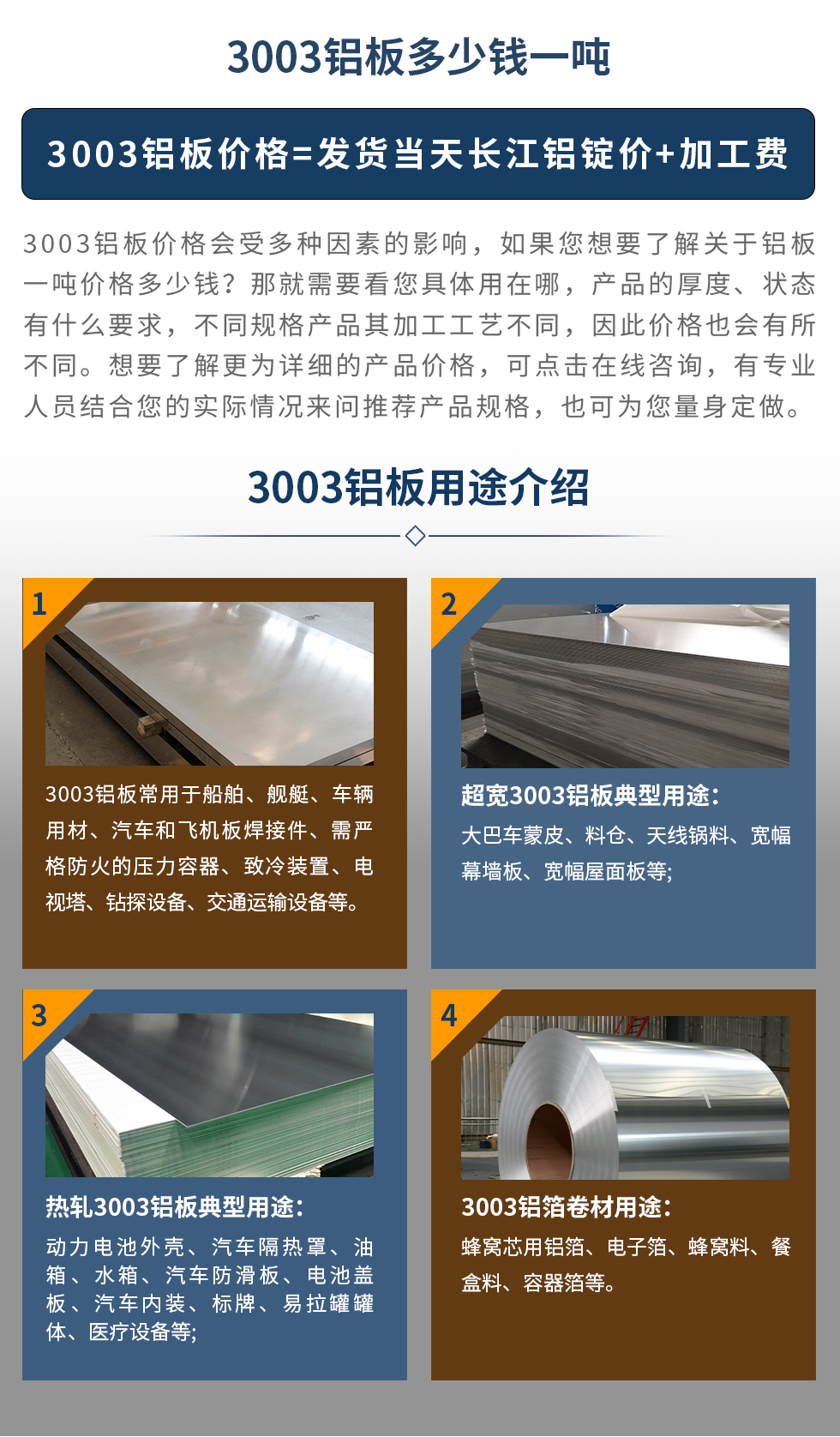 3003铝板用途介绍
　　3003铝板常用于船舶、舰艇、车辆用材、汽车和飞机板焊接件、需严格防火的压力容器、致冷装置、电视塔、钻探设备、交通运输设备等。超宽3003铝板典型用途：大巴车蒙皮、料仓、天线锅料、宽幅幕墙板、宽幅屋面板等;热轧3003铝板典型用途：动力电池外壳、汽车隔热罩、油箱、水箱、汽车防滑板、电池盖板、汽车内装、标牌、易拉罐罐体、医疗设备等;3003铝箔卷材用途： 蜂窝芯用铝箔、电子箔、蜂窝料、餐盒料、容器箔等。