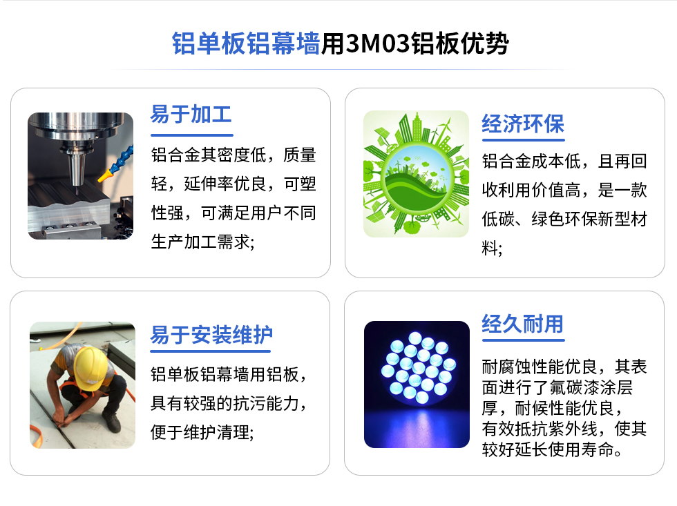 铝单板铝幕墙用3M03铝板优势
易于加工
铝合金其密度低，质量轻，延伸率优良，可塑性强，可满足用户不同生产加工需求;
易于安装维护
铝单板铝幕墙用铝板具有较强的抗污能力，便于维护清理;
经济环保
铝合金成本低，且再回收利用价值高，是一款低碳、绿色环保新型材料，
经久耐用
耐腐蚀性能优良，其表面进行了氟碳漆涂层厚，耐候性能优良，有效抵抗紫外线，使其较好延长使用寿命。